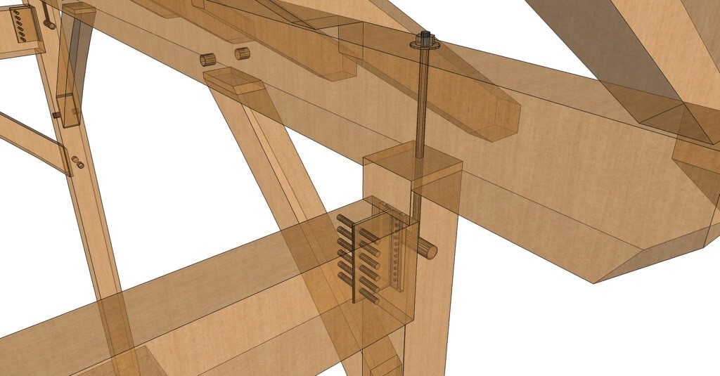 10x10 King Post – Post and Beam Plan transparent closeup showing connectors 10x10 King Post – Post and Beam Plan connectors