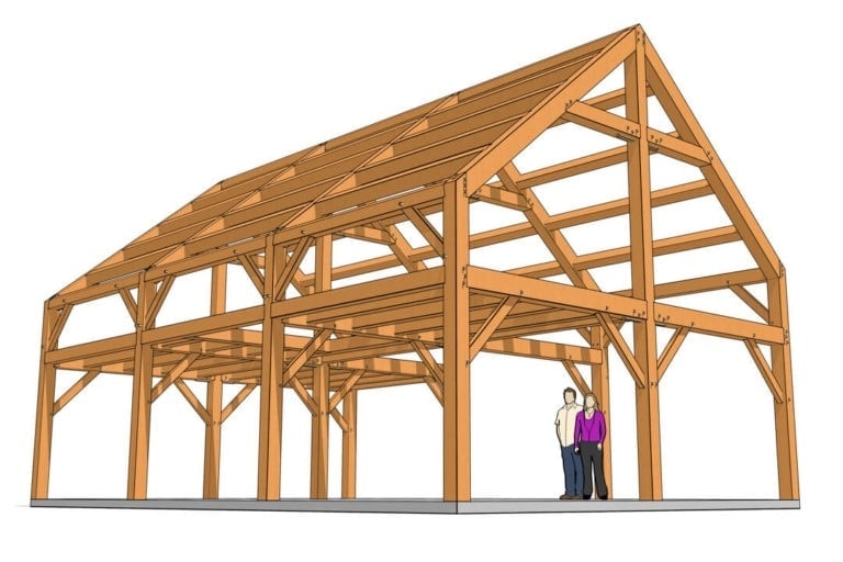 24x36 Timber Frame Barn House Plan Axonometric.