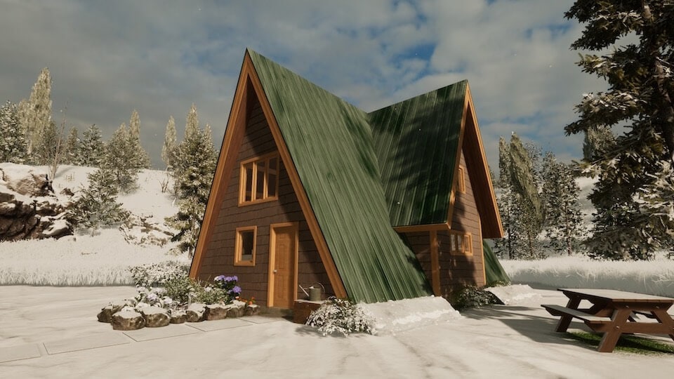 A Frame Cabin in the Snow