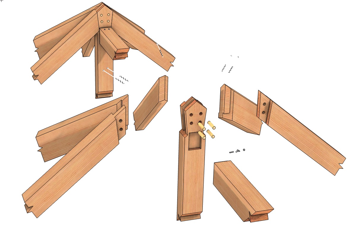 Hipped Timber Frame Roof shown exploded and assembled