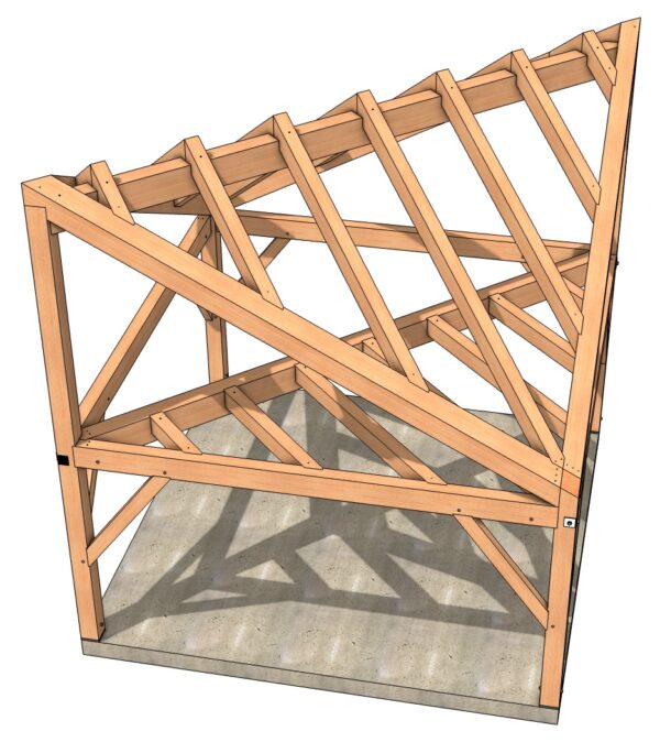 rendering of the 16x16 Funky Timber Frame Cabin