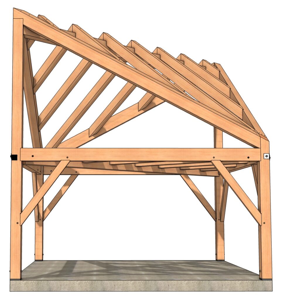 the 16 foot side of the 16x16 Funky Timber Frame Cabin