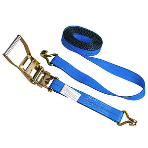 2-inch blue ratchet strap with double J-hooks and steel ratchet mechanism, 25 feet, white background