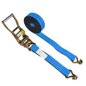 Blue 2-inch ratchet strap rolled with ratchet handle and double J-hooks visible