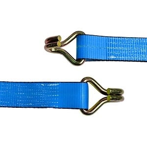 Close-up of double J-hooks on blue 2-inch polyester ratchet strap