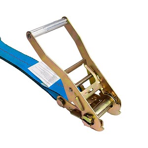 Close-up of steel ratchet mechanism on 2-inch blue polyester tie-down strap