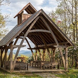 20x36 Cruck Timber Frame chapel exterior with open-air seating and curved timber blades