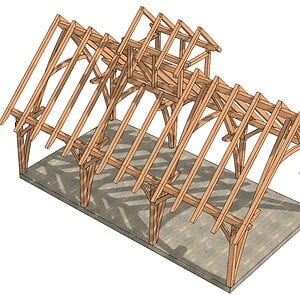 20x36 Cruck Timber Frame structure with multi-bay layout and monitor roof framing