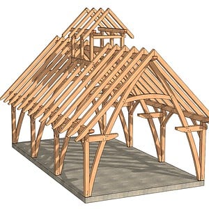 angled view of 20x36 Cruck Timber Frame with cupola and extended roof structure