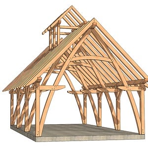 20x36 Cruck Timber Frame with cupola and multi-bay curved blade structure rendering
