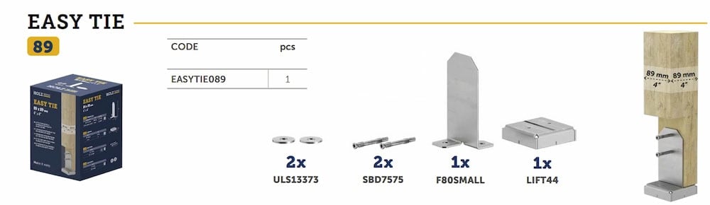 Easy Tie 4x4 Post Base — Kit Contents Diagram Easy Tie 4x4 post base kit contents diagram showing two washers, two self-drilling dowels, F80 Small base plate, and standoff riser
