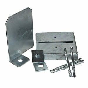 Easy Tie 6x6 concealed post base kit contents including base plate, knife plate, standoff riser, washers, and self-drilling dowels