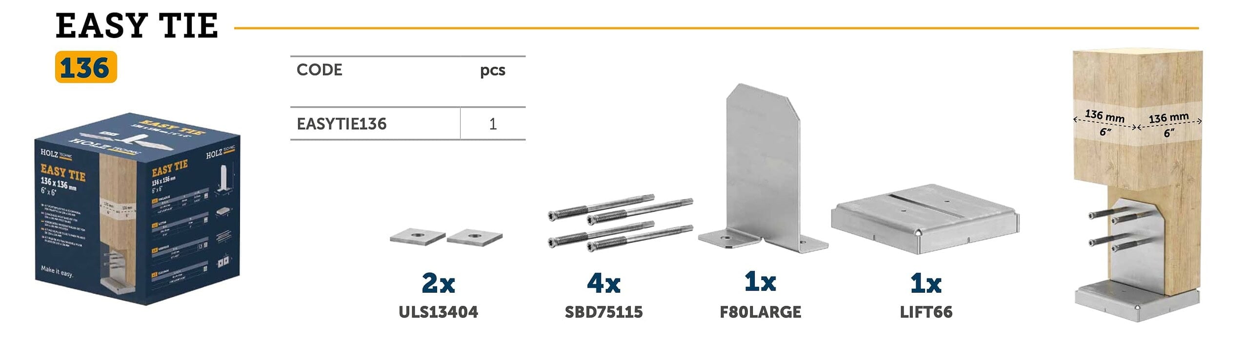 Easy Tie 6x6 post base kit contents diagram showing two washers, four self-drilling dowels, base plate, and concrete bracket for 6x6 timber posts