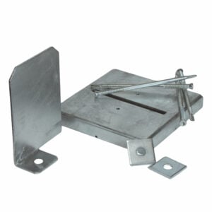 Easy Tie 8x8 concealed post base kit contents including base plate, knife plate, standoff riser, washers, and self-drilling dowels