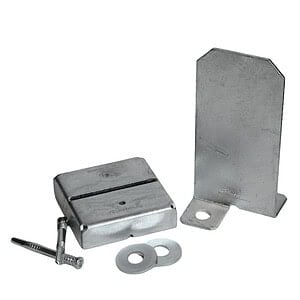 Easy Tie 4x4 concealed post base kit contents including base plate, knife plate, self-drilling dowels, and washers