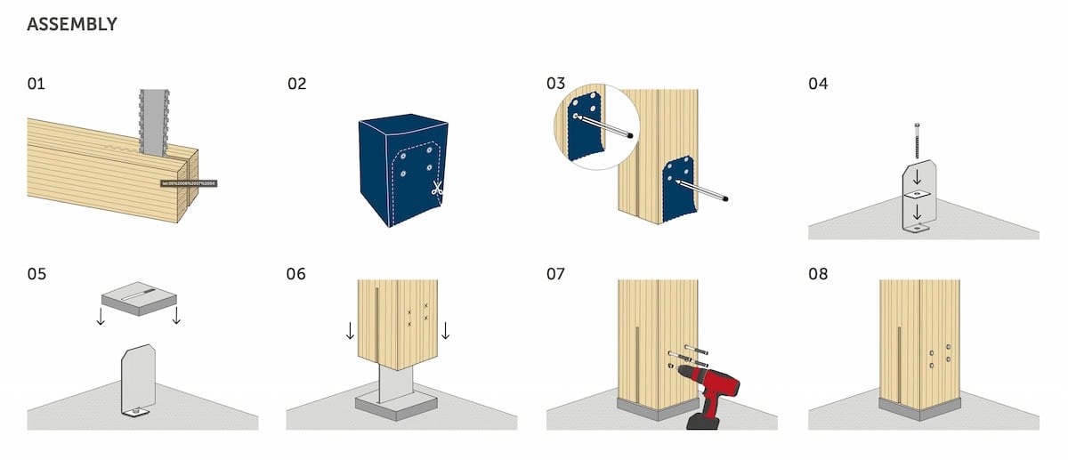 Easy Tie Post Base — Installation Steps Easy Tie post base installation diagram showing 8 steps including cutting timber slot, anchoring base plate to concrete, setting post over knife plate, and driving self-drilling dowels