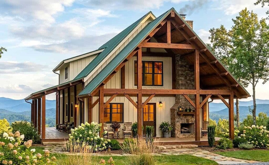 Timber frame mountain home with a steep green metal roof, exposed gable truss, wraparound porch, stone outdoor fireplace, white siding, landscaped garden, and layered mountain views.