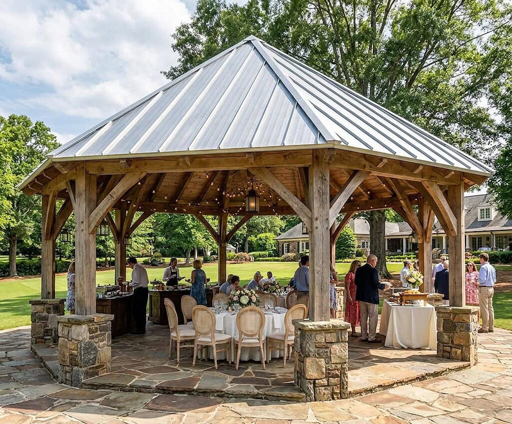 24x24 hexagonal timber frame event pavilion with exposed wood posts and braces, stone column bases, and a standing-seam metal roof in a landscaped garden.