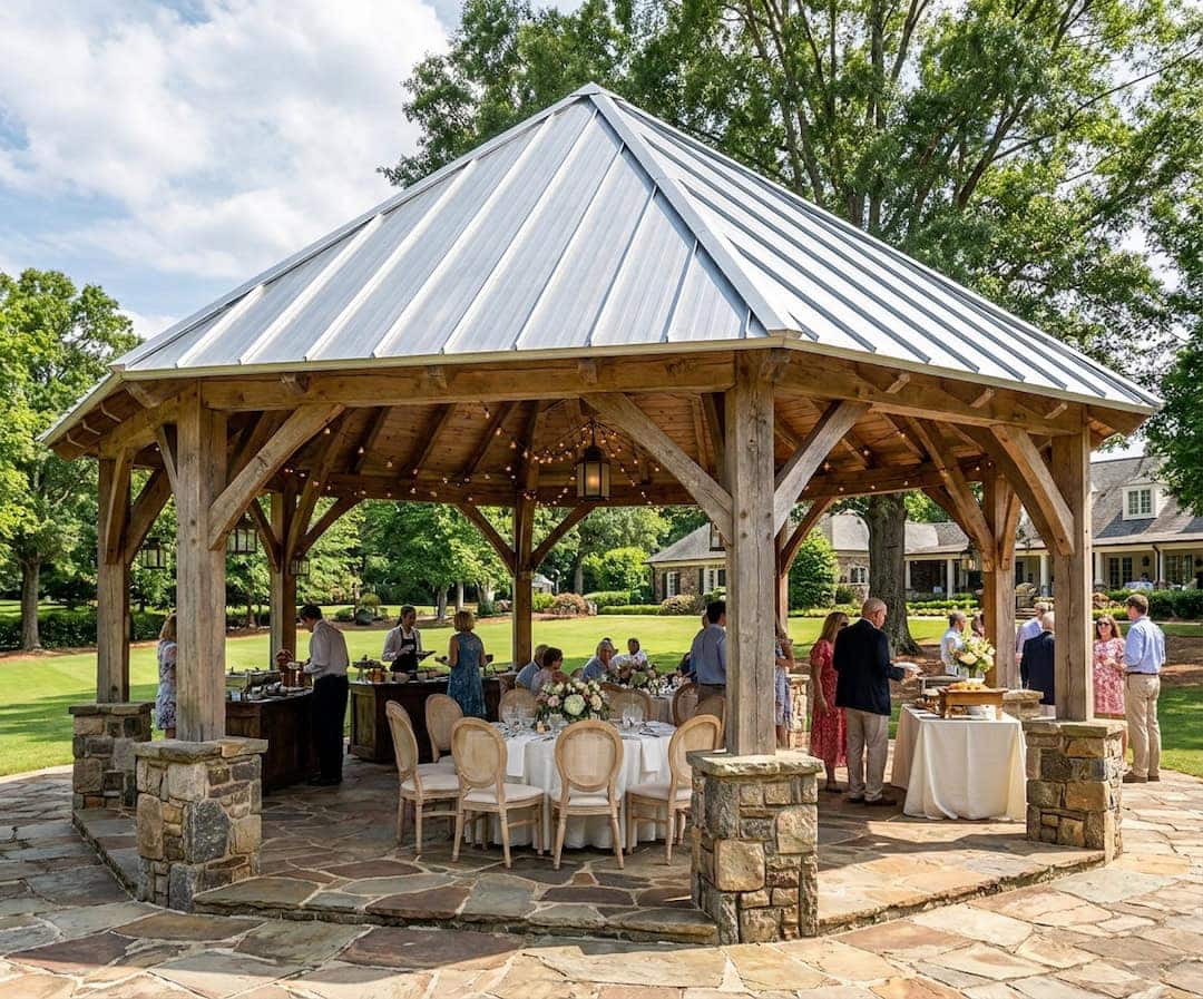24x24 hexagonal timber frame event pavilion with exposed wood posts and braces, stone column bases, and a standing-seam metal roof in a landscaped garden.