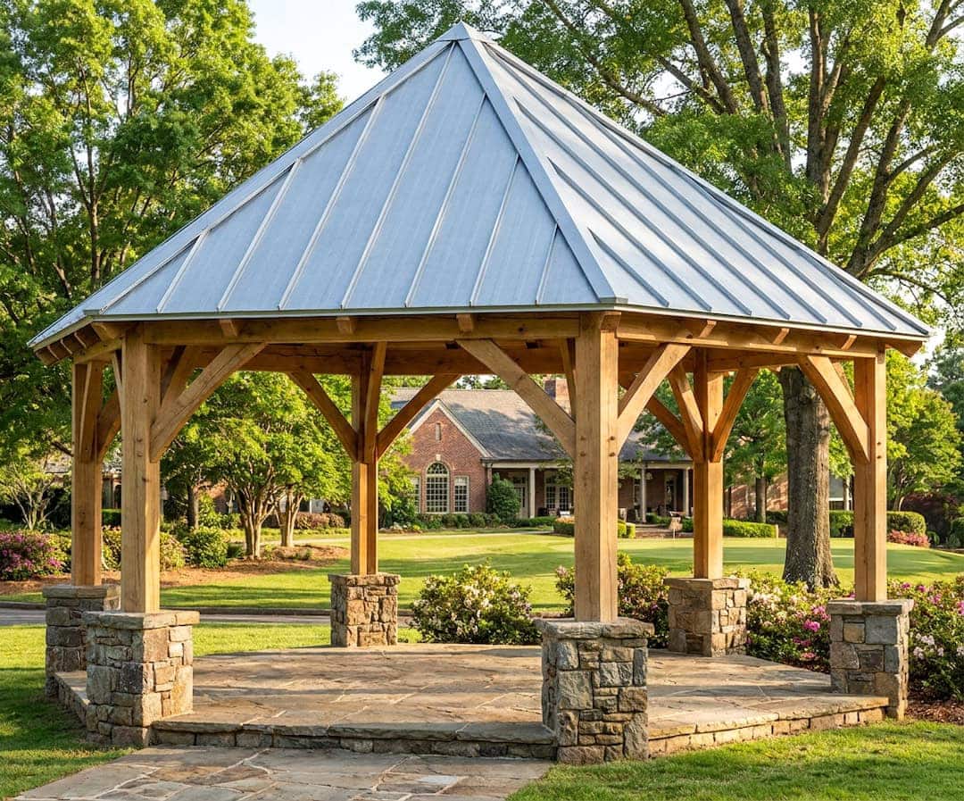 3D rendering of a 24x24 hexagonal timber frame pavilion showing six posts, knee braces, perimeter beams, and rafters rising to a central roof peak.