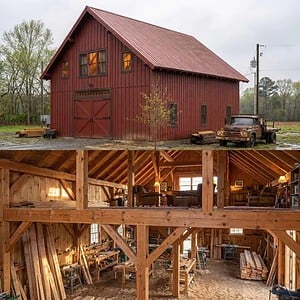 24x36 red queen post timber frame barn with loft windows, large barn doors, exposed heavy timber framing, upper-level seating area, and workshop space below.