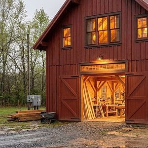 Red 24x36 queen post timber frame barn with open double doors, glowing workshop interior, upper loft windows, vertical wood siding, and a metal roof.